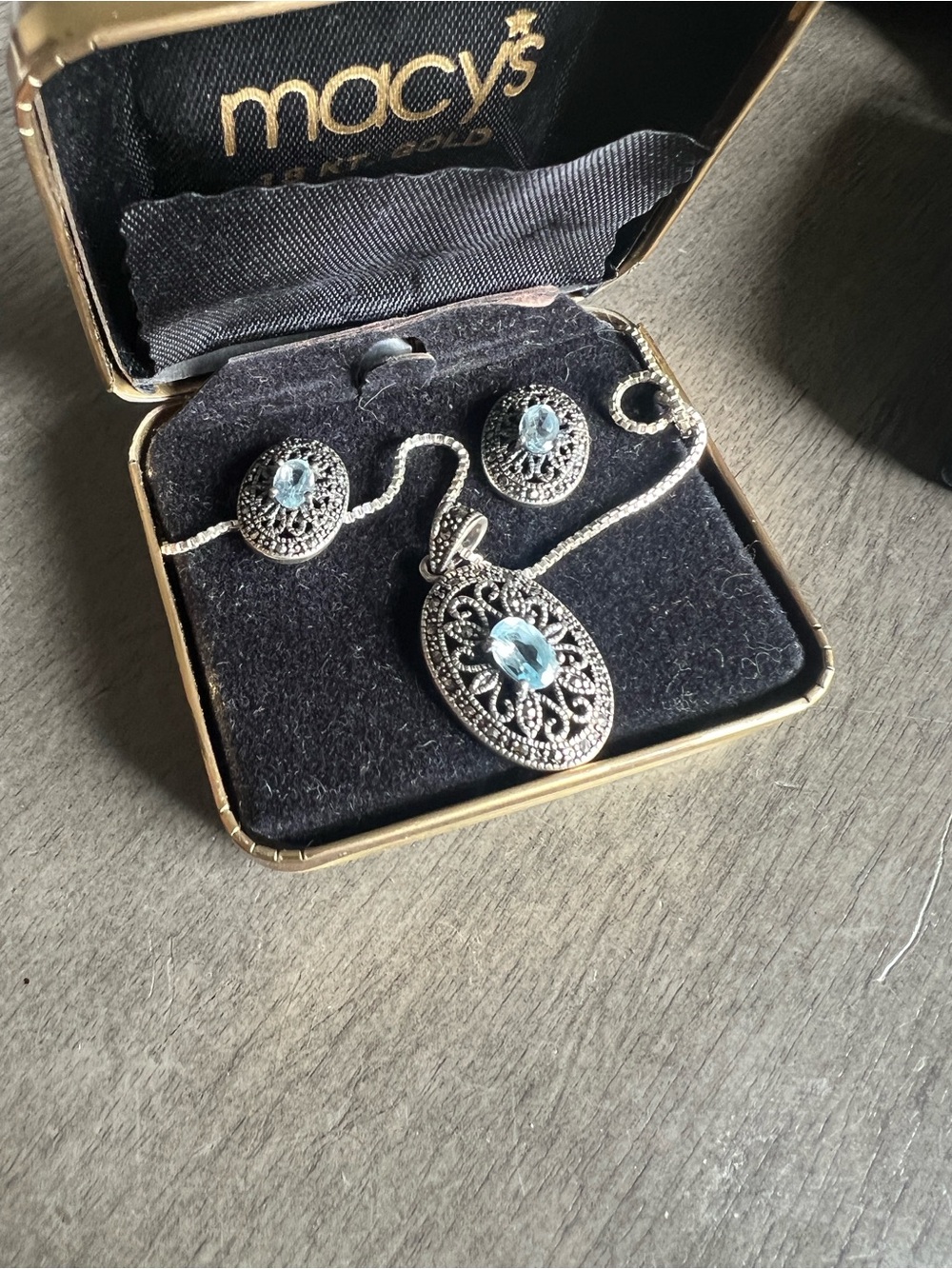 Macy's Silver-Tone Filigree Necklace & Earrings with Light Blue Stones
